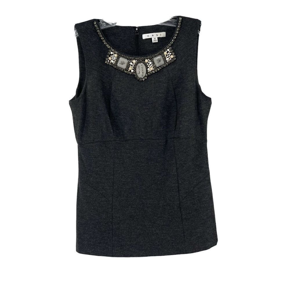 CAbi The Glitz Shell Tank Top Size 4 Charcoal Gray 508 Beaded Sleeveless Blouse
